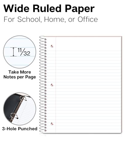 Dunwell 1 Subject Spiral Notebook (Red), Plastic Cover, 100 Sheets (200 Pages) 8x10.5 Paper, Wide Ruled for Easy Writing, 3-Hole Punched Perforated Pages, Poly Pocket Dividers - color: Red