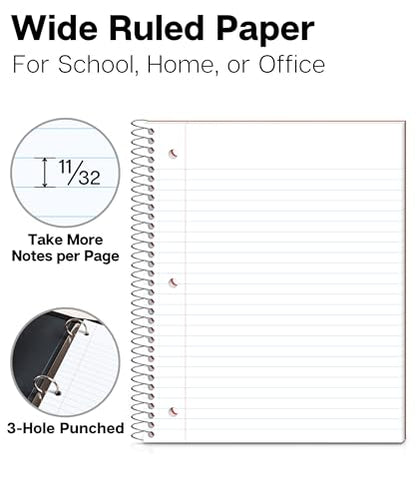 Dunwell 1 Subject Spiral Notebook (Red), Plastic Cover, 100 Sheets (200 Pages) 8x10.5 Paper, Wide Ruled for Easy Writing, 3-Hole Punched Perforated Pages, Poly Pocket Dividers - color: Red