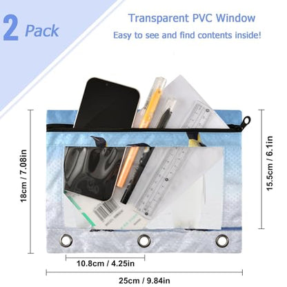 2 Pack Antarctic Blue Sky Three Penguin 3 Ring Binder Pencil Pouch Bags,Clear Window Storage Case with Zipper for Boys Girls Students School Office Supplies Organizers - color: Multi-penguin