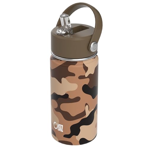OISIZ Kids Water Bottle with Straw Lid 14oz, Vacuum Insulated 316 Stainless Steel Water Bottles for Kids for School, Leakproof Water Bottle, BPA Free and Keep Cold for 24 Hours - color: Army camouflage, size: 14 Ounces