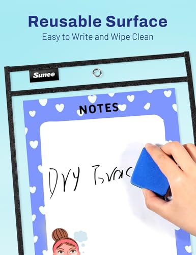 SUNEE 6 Packs Oversized Reusable Dry Erase Pocket Sleeves with Ring, Black 10x14 Ticket Holders, Clear Plastic Sheet Protectors, Teacher School Classroom Supplies - color: Black, style: 6 Pack