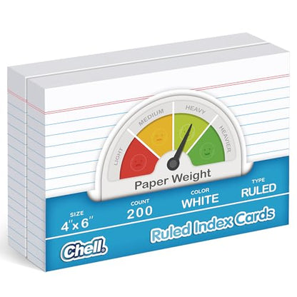 Chell White Color Ruled Index Cards 4x6 Heavyweight, 200 Count | 65 lb. Cover Weight, Ruled Front and Blank Back, Easy Writing, Not Easy to Penetrate Ink - color: White, size: 4"x6"