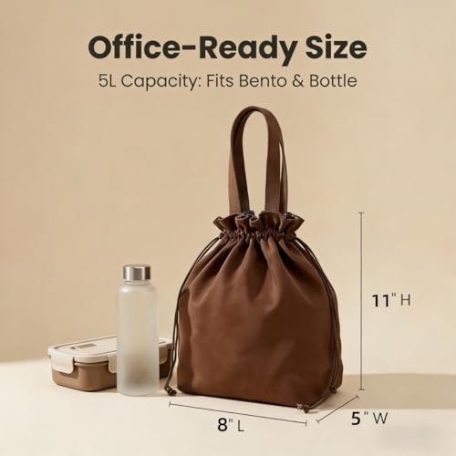 Reusable Lunch Bag,Canvas Drawstring Lunch Bag, Lunch Tote for Work, School, or Picnics, Lightweight & Waterproof, Keeps Food Fresh All Day(Dark Chocolate) - color: Dark Chocolate