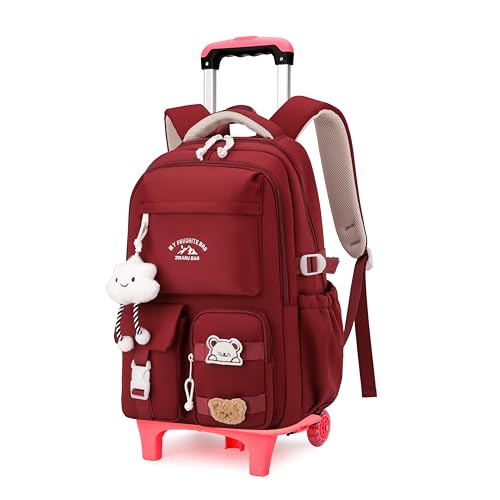 Girls Rolling Backpack for School Elementary, Kids Rolling School Bag with Wheels, Wheeled Backpack Bookbag on 2 Wheels for Girls, Red - color: 2 Wheels Red