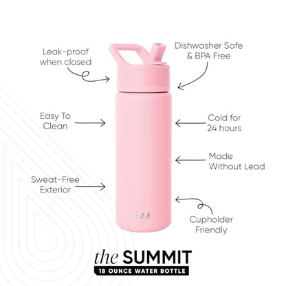 Simple Modern Water Bottle with Straw Lid Vacuum Insulated Stainless Steel Metal Thermos Bottles | Reusable Leak Proof BPA-Free Flask for School | Summit Collection | 18oz, Blush - color: -Blush, style: 18oz