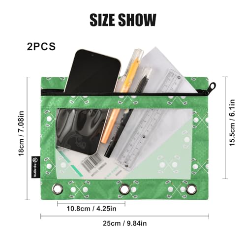Green Golf Ball Pencil Pouch for 3 Ring Binder 2 Pack Large Capacity Pencil Pouches with Zipper Clear Binder Pencil Case Bag for Home Office School Supplies - color: Green Golf Ball