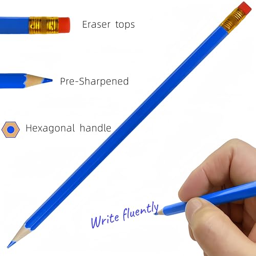 24 Pcs Erasable Checking Pencils, Pre-Sharpened, for Marking, Coloring, Tests, Grading, Office, (Blue) - color: Blue