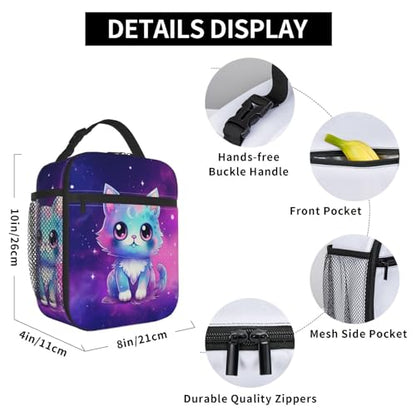 Galaxy Cute Cat Printed Insulated Lunch Box Portable Purple Lunch Bag with Detachable Handle,Reusable Lunchbox for Girls Boys Adults - color: Galaxy Cat