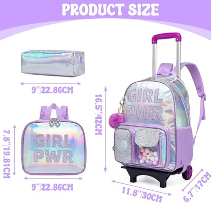 Meetbelify Rolling Backpack for Girls Backpack with Wheels for Elementary Student Kids School Bag with Lunch Box Pencil Case for Girls Ages 6-8 Years Old - color: Prw Purple