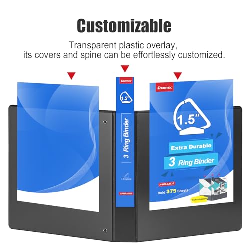 COMIX Heavy Duty 1 1/2 inch Slant-D Ring View Binder, 1.5 inch 3 Ring Binders, Hold 350 Sheets of 8.5" x 11" Paper, 12 Pack (Black) - color: Black, size: 1.5 inch, style: 12 Pack