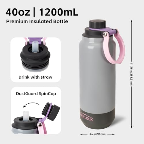 GREYLOCK 40 oz Insulated Water Bottle with Straw Lid, Leakproof Reusable Stainless Steel Vacuum Flask, 24hr Cold & Hot, Carry Handle & Silicone Spout, BPA-Free for Gym, Hiking, Travel, Grey - color: Stone Blossom, size: 40 Ounces