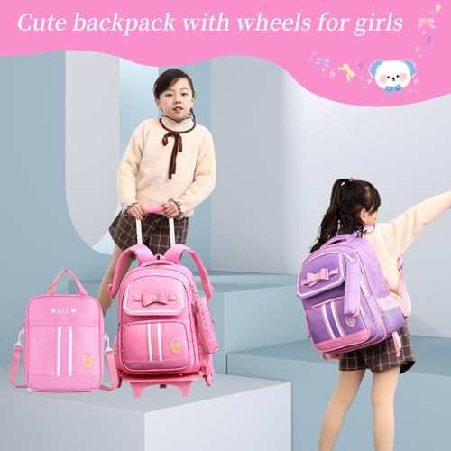 Rolling Backpack for Girls Cute Trolley Bags Primary School Bookbags with Wheels Kids Carry-On Wheeled Backpack with Lunch Bag - color: Girl Pink 6 Wheels, style: 6 Wheels Trolley + Backpack Sets