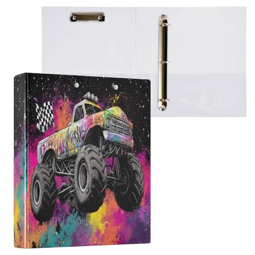 Monster Truck Moon Round Ring Binders 1.5 Inch 3 Ring Binder with Clipboard Holds 200 Sheets Office Home School - color: Multicolored 1