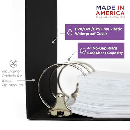 Carstens 4-Inch Heavy Duty 3-Ring Binder - Side Opening, Black, Durable Plastic, No-Gap Rings, Waterproof Cover, No Pockets, Holds 600 US Letter Sheets, BPA-Free, Made in USA (1845-3R), Case of 10 - color: Black, size: Case of 10
