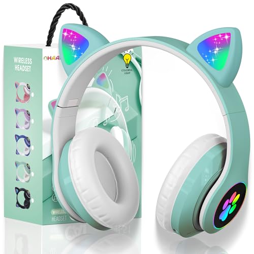Cat Ear Bluetooth Kids Headphones, LED Lights, Foldable, Green | Wireless Bluetooth 5.0, foldable design, built-in mic & TF card slot, adjustable comfort, ideal for kids' learning & play. - color: Green