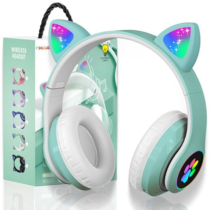 Cat Ear Bluetooth Kids Headphones, LED Lights, Foldable, Green | Wireless Bluetooth 5.0, foldable design, built-in mic & TF card slot, adjustable comfort, ideal for kids' learning & play. - color: Green