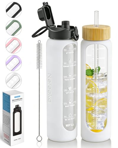 Nefeeko 32 oz Glass Water Bottles with Straw, Motivational Glass Water Bottle with Time Marker, 1 Liter BPA FREE Leakproof Reusable Glass Water Bottle with Silicone Sleeve, Bamboo Lid, Spout Lid - color: White