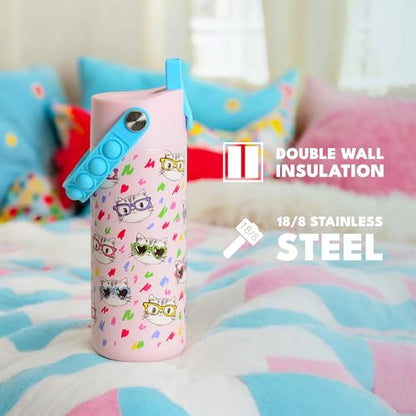 Elemental Insulated Kids Water Bottle, Stainless Steel Water Bottle with Straw Lid & Pop-It Handle, Leak-Proof Water Bottles for School, Boys or Girls, Travelling and Sports, 18oz - Stylish Cat - color: Stylish Cat