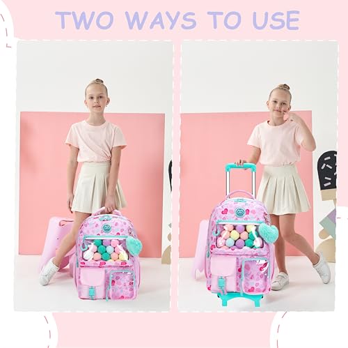 Pink Rolling Backpacks with Wheels for Girls Aesthetic Rolling Backpack for Elementary with Lunch Box School Trolley Backpack for Girls School Supplies - color: Pinklove