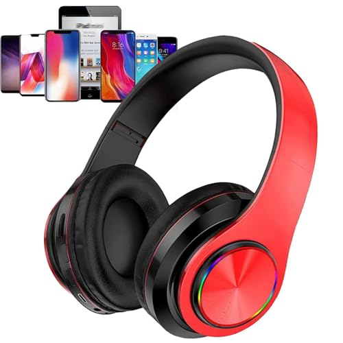 Bluetooth Over Ear Headphones, Colorful LED Lights Deep Bass Headphones with Microphone, Lightweight Wired and Wireless Foldable HiFi Stereo Headphones for Classroom/Home Office/Mobile Phone (Red) - color: Red Black