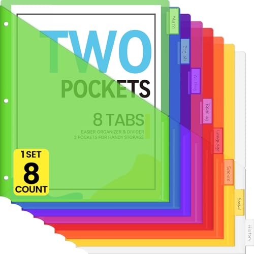 Sooez 8 Count Dividers with Pockets, Binder Dividers with tabs | Binder Dividers for 3 Ring Binders, Binder Divider with Pockets for US Letter Size, Insertable Big Tabs, Multicolor,Set of 1 - color: Green, size: 1 Set