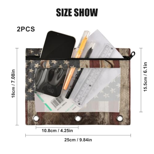 Kcldeci Pencil Pouch for 3 Ring Binder, Deer American Flag 2 Pack Binder Pencil Pouch with Clear Window Pencil Bags with Zipper Pencil Case for binder - color: A09