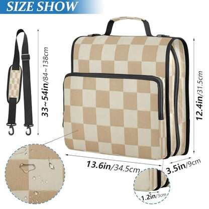 Checkered Beige 3 Ring Zipper Binder 500 Sheet Capacity Binder Organizer Multi-Pocket Expanding File Folder with Shoulder Strap & Handle