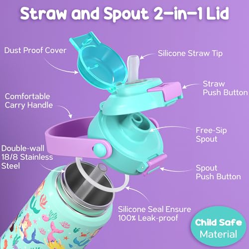 Fimibuke 14oz Kids Insulated Water Bottle with 2-in-1 Straw & Spout Lid | Leak Proof 18/8 Stainless Steel Vacuum Tumbler with Pop-Open Lid, BPA-Free Kids Cup for Travel School Girl Boy Toddler 2 Pack - color: A3.Rainbow+Mermaid, size: 14 Ounces