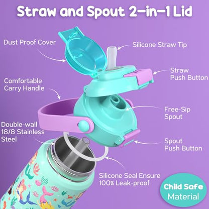 Fimibuke Kids Insulated Water Bottle with Pop-Open Straw & Spout 2-in-1 Lid, 14oz Leak Proof 18/8 Stainless Steel Vacuum Tumbler, BPA-Free Kids Cup For Travel School Girls Boys Toddler 2Packs - color: A3.Rainbow+Mermaid, size: 14 Ounces