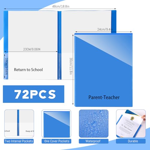PerKoop 72 Pcs Take Home Folders Bulk Parent Teacher Communication Folder with 2 Pockets Plastic Homework Folder for Student Parent Teacher Classroom Back to School Supplies 11.73 x 9.45'' (Blue) - color: Blue