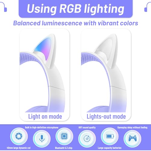 Cat Ear Bluetooth Kids Headphones, LED Lights, Safe Volume, Foldable | Safe 85dB volume limit, Bluetooth 5.0, LED cat ears, built-in mic, TF card slot, foldable & adjustable for ages 3-12 - color: 1