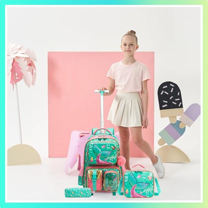 Meetbelify Mermaid Rolling Backpack with Wheels for Girls Rolling Backpacks with Lunch Box for Elementary School Students 16inch Kids Travel Luggage Suitcase for Girls Age 8-10 - color: Girl Pink Mermaid