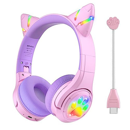 Riwbox CF9 Cat Ear Kids Bluetooth Headphones with LED Light Up,Safe 85dB Volume Limit,Built-in Mic&Boom Mic for Calls,Kids Wireless&Wired Headphones for Tablet/Airplane/School/Online Learning (Purple) - color: Purple