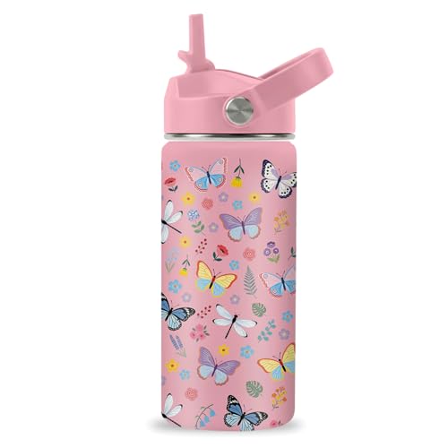 Hiboss Butterfly Gifts for Girls, 16oz Pink Butterfly Water Bottle Stainless Steel Insulated for Kids, Butterflies Floral Travel Cup Tumbler Gift for Birthday - color: Butterfly