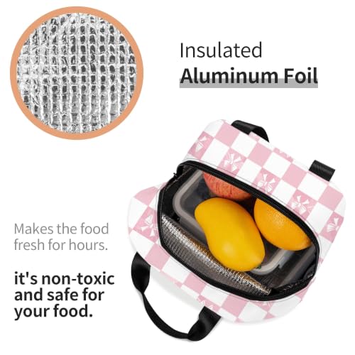 Lunch Bag Pink Check Bow Pattern Insulated Lunch Box Cooler Tote for Adults Student Boys Girls Women Men Work Office School Picnic Beach Reusable Lunchbox Over 3 Years Old - color: B0361