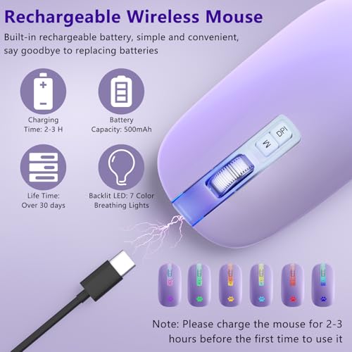 KARFUN Wireless Mouse, Backlit LED Portable Slim Computer Mouses for Laptop, PC, Computer, MacBook, iPad, Chromebook, Notebook, 2.4G Rechargeable Wireless Mouse (Light Purple)