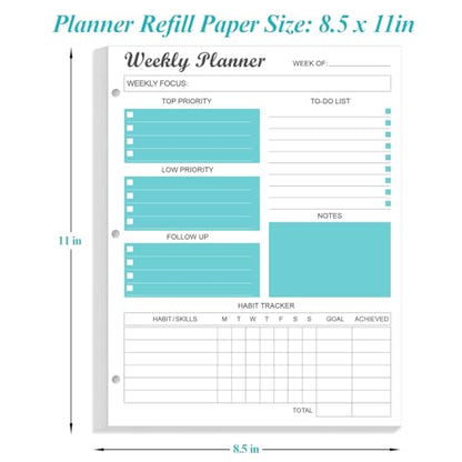 3-Hole Weekly Planner Refills - 53 Sheets/106 Pages Weekly Planner for 3 Ring Binders, 100 gsm White Paper, Lasts 1 Year, Undated, 8.5'' x 11'', Teal - size: 1-Pack, style: 3-Hole