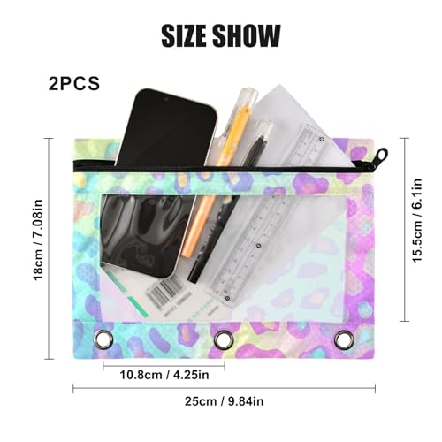 Kcldeci Pencil Pouch for 3 Ring Binder, Galaxy Leopard Spots Print 2 Pack Binder Pencil Pouch with Clear Window Pencil Bags with Zipper Pencil Case for Binder - color: B02