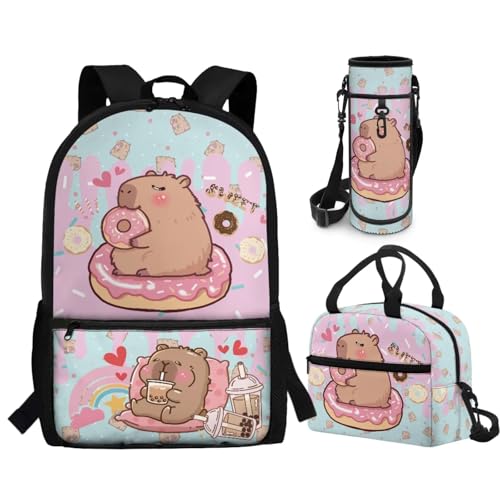 CLOHOMIN Cute Capybara Backpack and Lunch Bag Set 11-12 Primary School Bookbag for Girls 4th Grade Leakproof Cooler Bags Water Bottle Holder with Strap Kids School Bag Children Book Bags, 3pcs - color: Capybara Doughnut