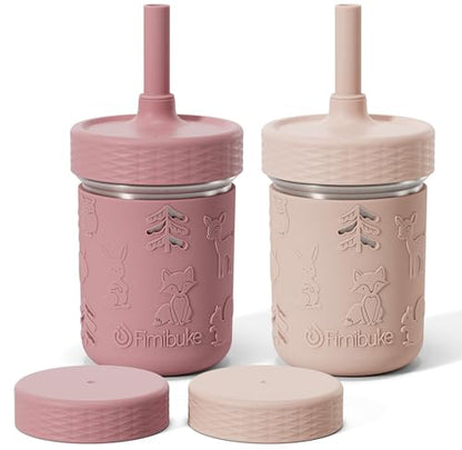 Fimibuke Toddler Cups Spill Proof, 8 OZ Sippy Cups for Kids Girl Boy, Stainless Steel Tumbler with Lid, Removable Silicone Straw & Sleeve, BPA Free Dishwasher Safe Water Bottle Snack Container 2 Pack - color: Dark Pink/Light Pink, size: 8 Ounces