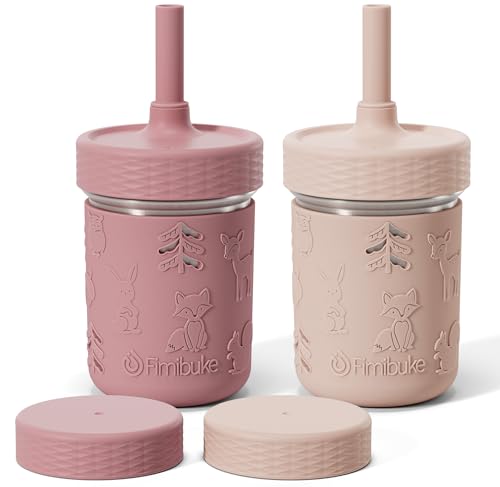 Fimibuke Toddler Cups Spill Proof, 8 OZ Sippy Cups for Kids Girl Boy, Stainless Steel Tumbler with Lid, Removable Silicone Straw & Sleeve, BPA Free Dishwasher Safe Water Bottle Snack Container 2 Pack - color: Dark Pink/Light Pink, size: 8 Ounces