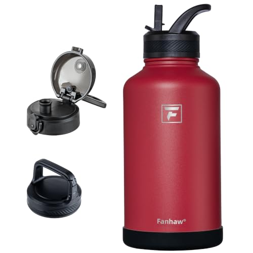 Fanhaw 64 oz Insulated Water Bottle – Large Stainless Steel Jug with 3 Lids (Straw, Chug, Carabiner) | Heavy-Duty, for Camping, Backpacking, Long Hikes & Outdoor Work (Red) - color: Red, size: 64 Ounces