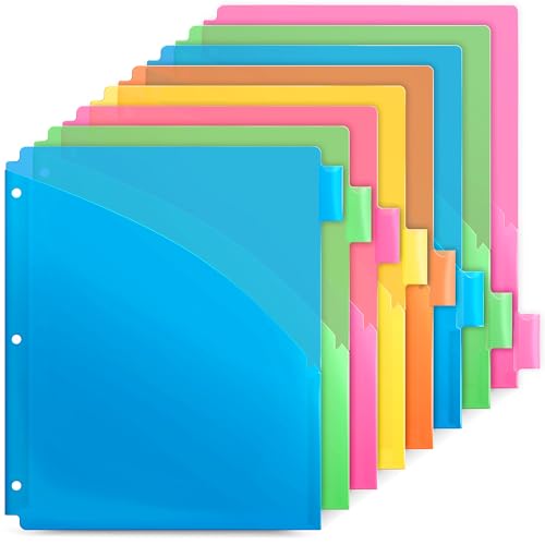 Dunwell 2-Pocket 8-Tab Divider Pockets, (6 Sets, 48 Count), 5 Colors, Plastic 8 Subject Notebook Tab Dividers for 3-Ring Binders, Includes Label Inserts, Durable Acid-Free Poly - size: 6 Sets (48 pcs)