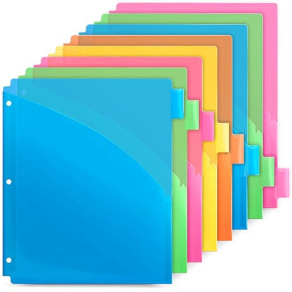 Dunwell 2-Pocket 8-Tab Divider Pockets, (6 Sets, 48 Count), 5 Colors, Plastic 8 Subject Notebook Tab Dividers for 3-Ring Binders, Includes Label Inserts, Durable Acid-Free Poly - size: 6 Sets (48 pcs)