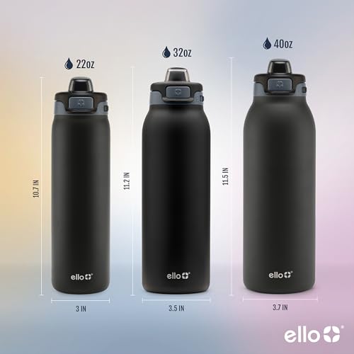 Ello Pop & Fill Insulated Stainless Steel Water Bottle with Quick Fill Lid, Leakproof Locking, Sip or Chug Spout, BPA-Free, Double Wall Vacuum Insulated for Sports, Travel & School- 22oz / 32oz / 40oz - color: Tonal Black, style: 22oz