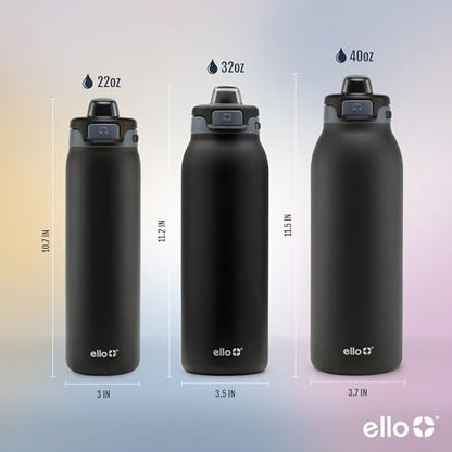 Ello Pop & Fill Insulated Stainless Steel Water Bottle with Quick Fill Lid, Leakproof Locking, Sip or Chug Spout, BPA-Free, Double Wall Vacuum Insulated for Sports, Travel & School- 22oz / 32oz / 40oz - color: Black, style: 22oz