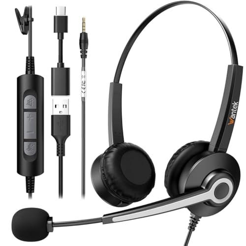 Wantek Headset wtih Mic, USB Headset with Microphone for PC, Computer Headset with Noise Canceling Microphone with Mute for Work Home Office Online Zoom Meetings