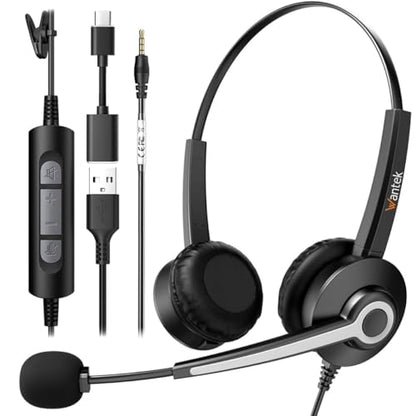 Wantek Headset wtih Mic, USB Headset with Microphone for PC, Computer Headset with Noise Canceling Microphone with Mute for Work Home Office Online Zoom Meetings