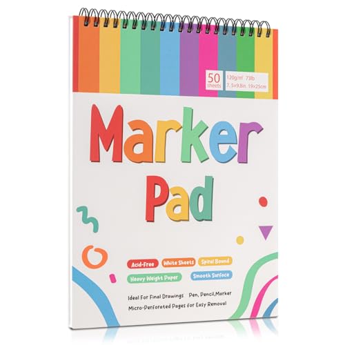 Marker Paper Pad 50 Sheets, 7.5 × 9.8 in, Spiral Bound, 120gsm | Bleed-Resistant Coated Paper, Acid-Free, Smooth for Alcohol Markers, Pencils And Acrylics, Easy-Tear Pages, Portable Pad - color: Rainbow Colors (1 Pink)