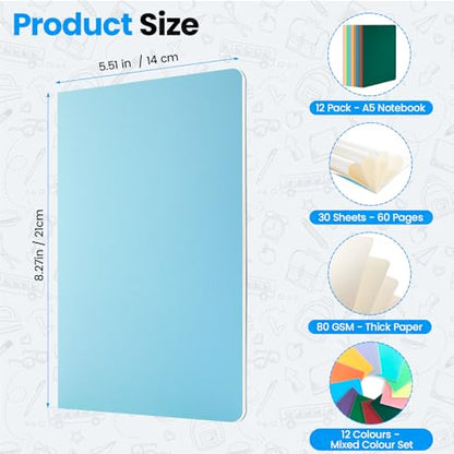 12 Pack A5 Lined Notebooks – Ruled Journal Bulk Set, 12 Colors, 7mm Ruled, 230g Thick Kraft Cover, 60 Pages, 8.3x5.5 Softcover – Stitch Bound, Lays Flat, Cream Paper, No Bleed - color: Muticolour 12 Pack